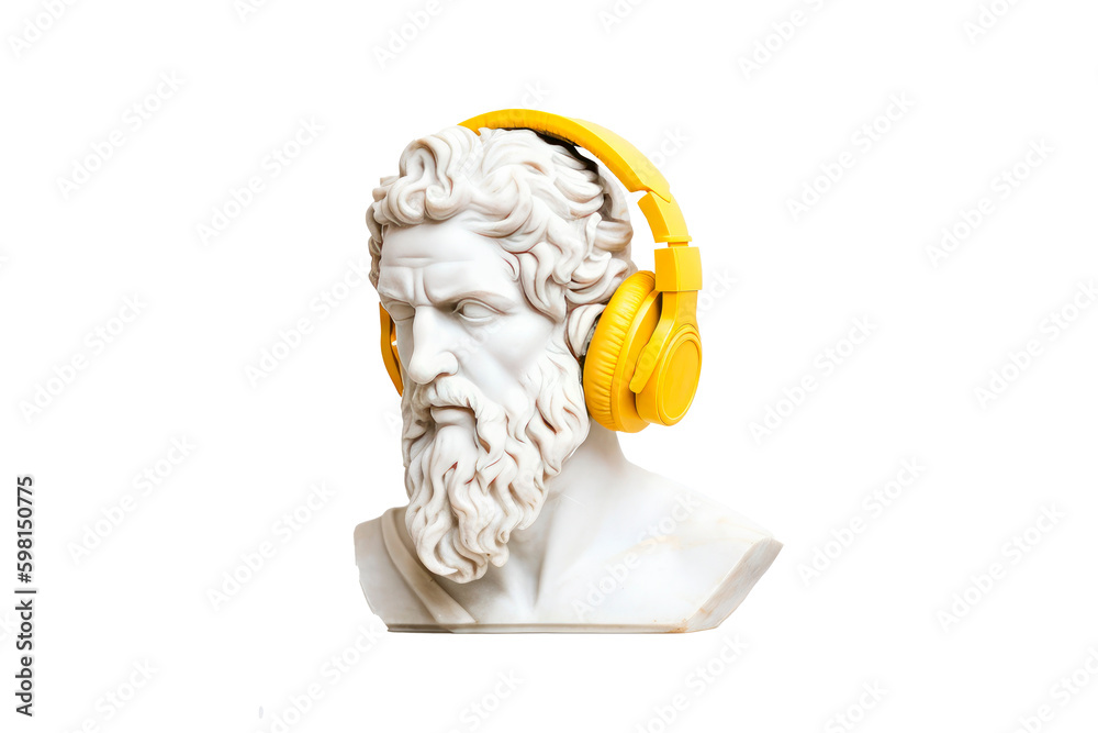 Fototapeta premium Plaster statue of a Greek head with headphones. Generative AI