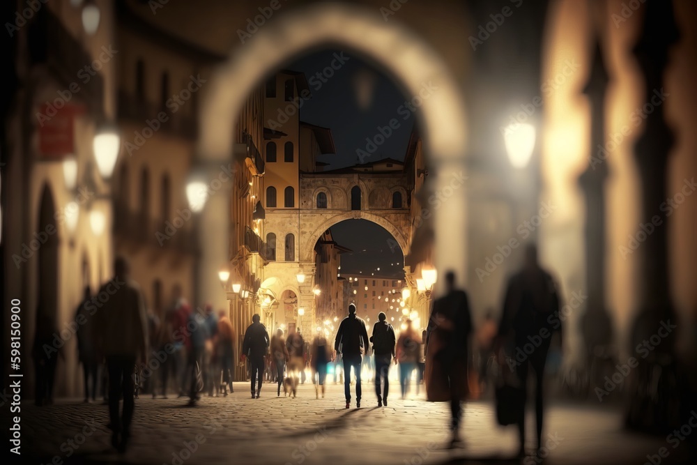 Nightlife in Medieval Italy: Pedestrians and Cars Illuminate the Streets - Generative AI
