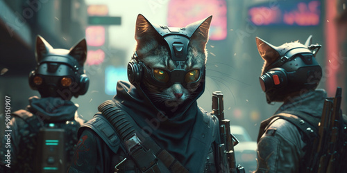 Cyberpunk Style Street Cat Gangs on the Prowl in Futuristic Neon lit Street Cat City