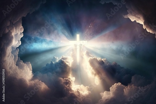 Resurrection: Jesus Ascends to Heaven in a Cross of Light in the Clouds - Generative AI