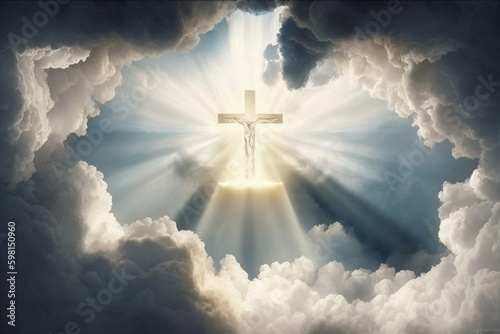 Resurrection: Jesus Ascends to Heaven in a Cross-Shaped Cloud of Light - Generative AI