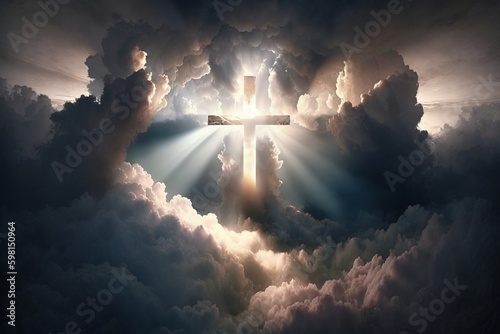 Resurrection: Jesus Ascends to Heaven in a Cross-shaped Light among the Clouds - Generative AI
