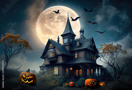 Halloween Haunted House with Pumpkins and a Full Moon - Ai Generative