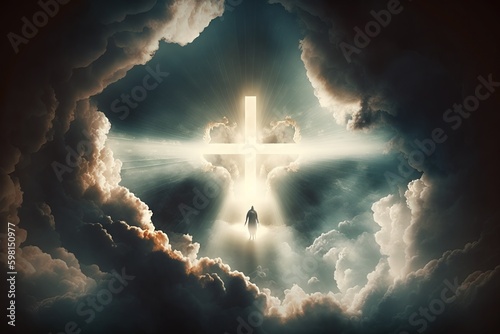 Resurrection: Jesus Ascends to Heaven in a Cross-Shaped Cloud of Light - Generative AI