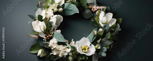 A wellbalanced medley of soft petals and lush greenery handcrafted into a delicate wreath.. AI generation. Generative AI photo