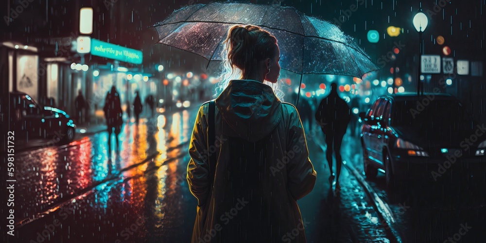 Confident Woman with Umbrella Walking on Moody City Sidewalk in the Rain - Generative AI