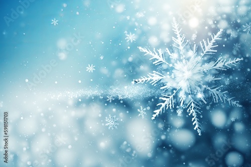 Shining Christmas Snowflakes on a Winter Blue Sky with Falling Snow - Generative AI © Rysak