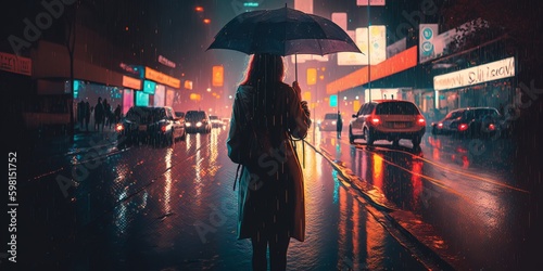 Confident Woman Walking with Umbrella in the Rainy City - Generative AI