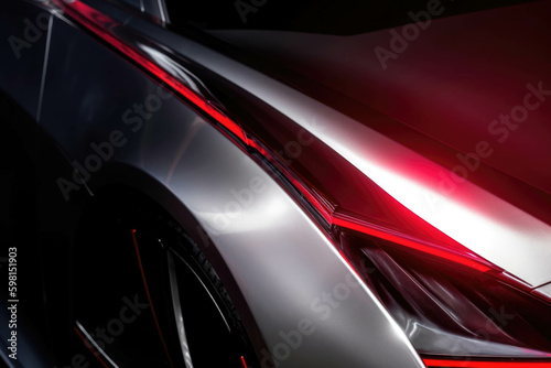 A close up of a stunning silver race car with a cherry red racing stripe down its side. Speed drive concept. AI generation. Generative AI