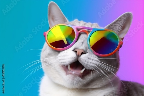 neon funny portrait pet sunglasses cute cat colourful animal fashion. Generative AI. Generative AI
