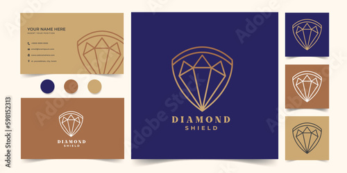 diamond shield line art outline logo template vector