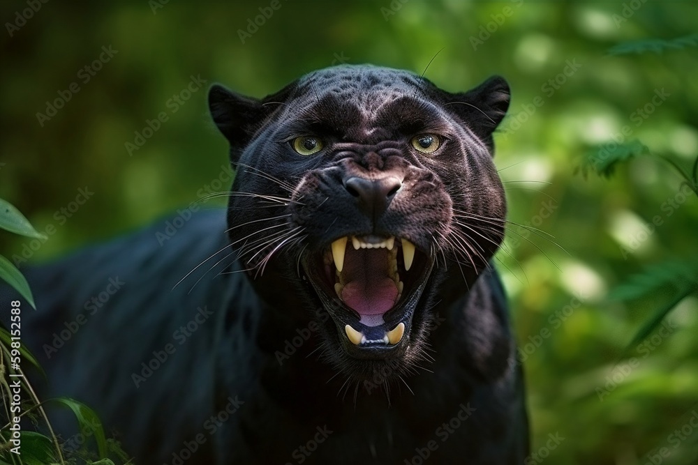 Close up portrait of a black panther in the jungle illustrated using generative Ai