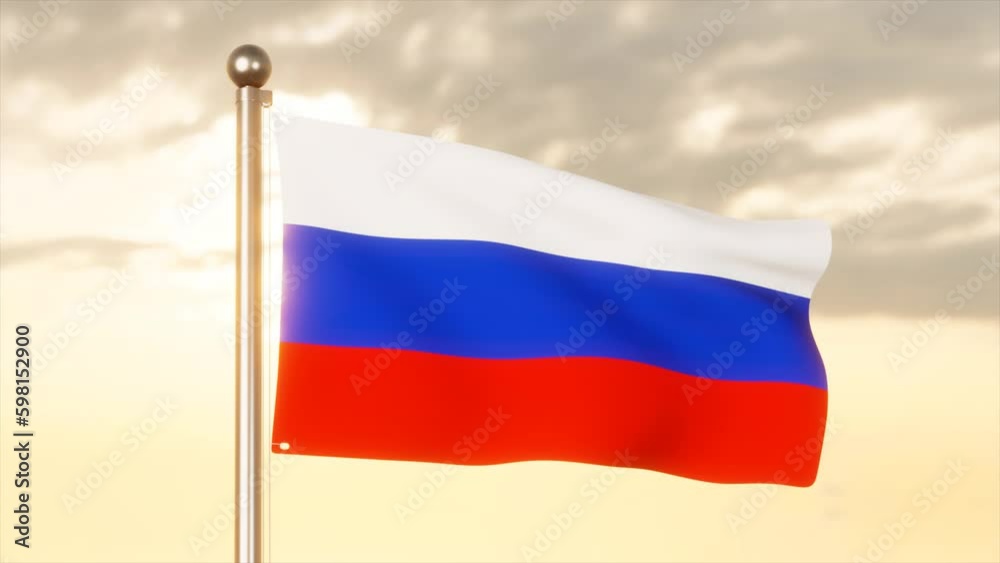 Russia Flag blowing in the wind with sunset sky background, 4k 3D Animation Video