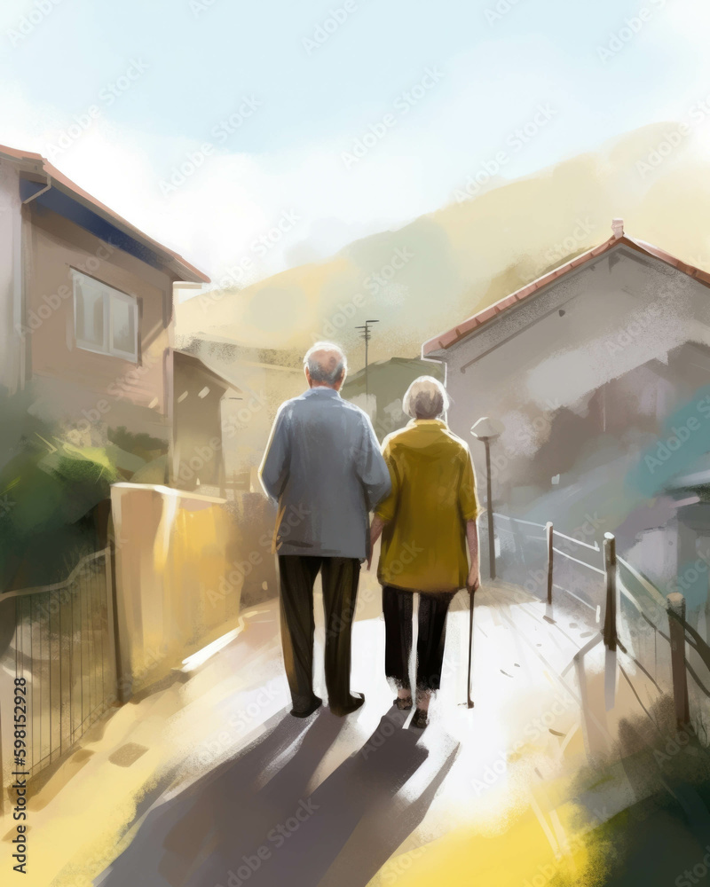 An elderly couple holding hands walking away from their house ready to ...