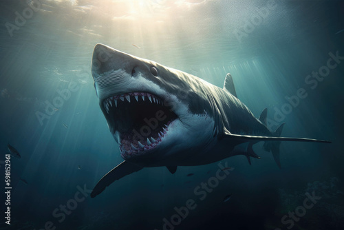 An enormous megalodon its enormous bulk sinking beneath the waves its razorsharp teeth glinting in the fading sunlight.. AI generation. Generative AI © Justlight