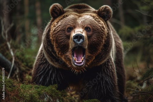 Close up portrait of a grizzly bear in a forest illustrated using generative Ai