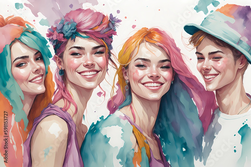 A group of happy women, watercolor style - Generative AI
