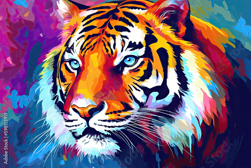 Colorful painting of a tiger vibrant in modern and beautiful style, cute tiger painting. Generative AI. photo