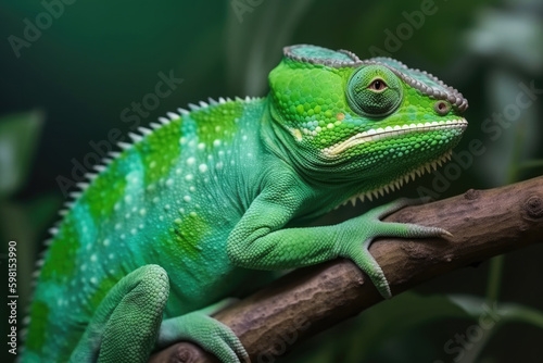 Green colored chameleon vibrant color  beautiful chameleon  closeup. Generative AI.