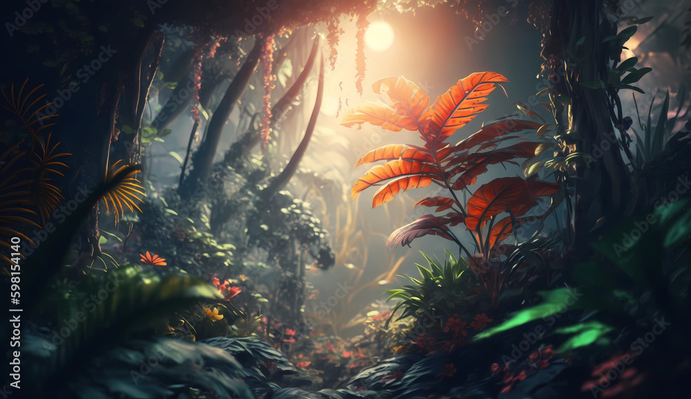 tropical forest in the golden hour, amazing plants and lush enviroment, Generative AI, Generative, AI, deep in a magical jungle, lush mystical plants, amazing vibrant colours, glowing plants, sun beam