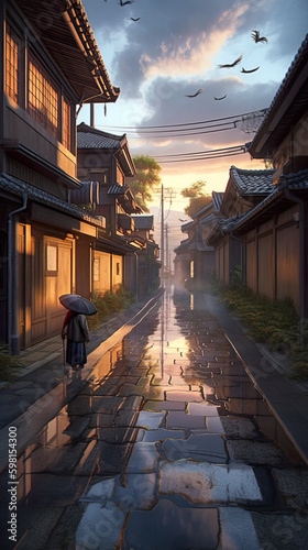 A person walking down a street with an umbrella. AI generative.