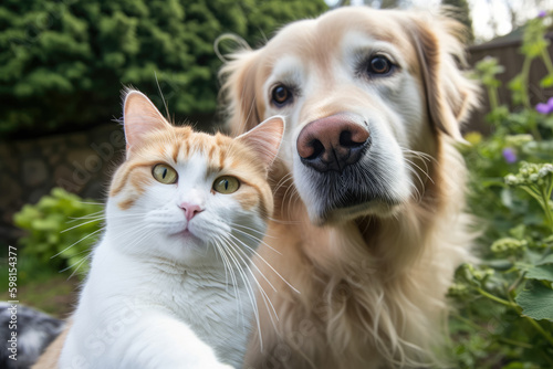 A cat and a dog posing for a selfie together, with the cat holding the phone and the dog wearing a pair of glasses. They look happy and friendly. Generative AI, AI.