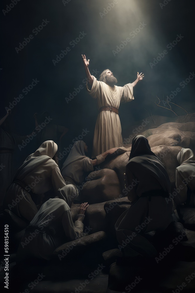 Jesus after the resurrection, Jesus is risen bible verse, Jesus praying, Jesus doing meditations, Jesus at night, Jesus with followers, dramatic environment, dramatic lighting, desert lighting Jesus after the resurrection, Jesus is risen bible verse, Jesus praying, Jesus doing meditations, Jesus at night, Jesus with followers, dramatic environment, dramatic lighting, desert lighting