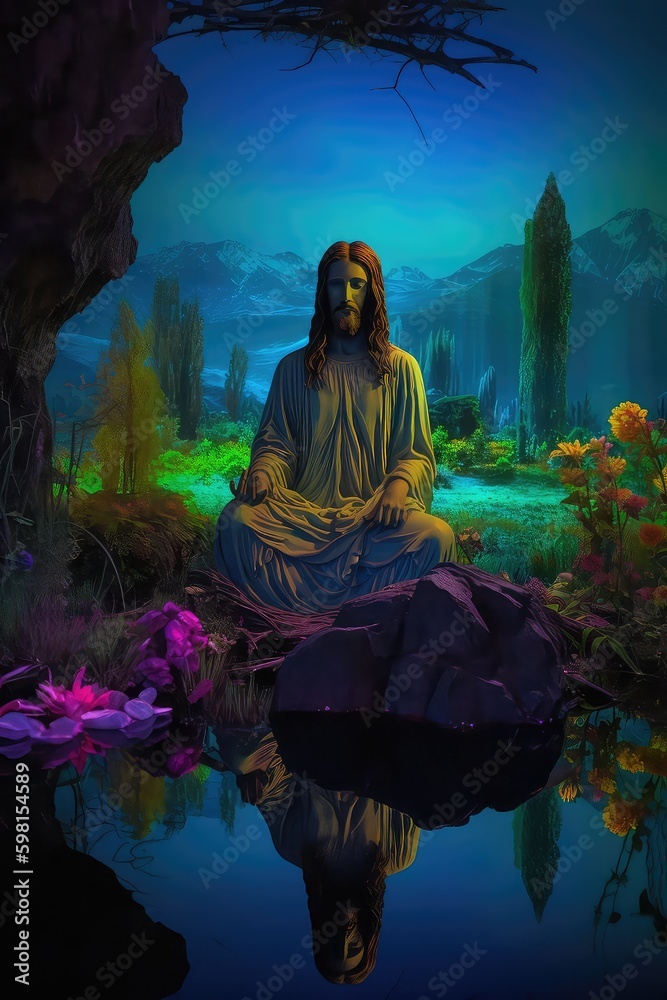 Jesus sitting in a fantasy world, Jesus in a metaverse world, Beautiful calm landscape, mountains and rivers, trees and moonlight, praying in calm environment, meditations, Jesus after resurrect