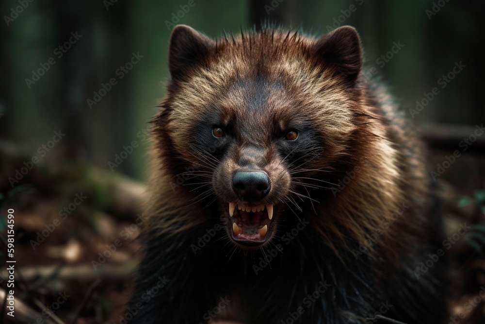 Fototapeta premium Close up portrait of a wolverine in a forest illustrated using generative Ai
