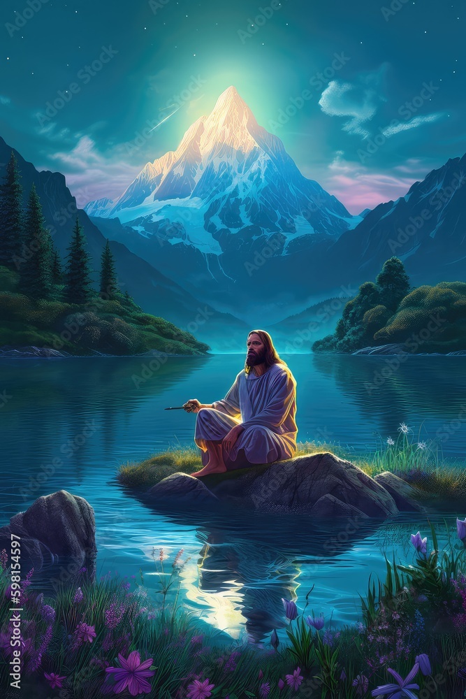Jesus sitting in a fantasy world, Jesus in a metaverse world, Beautiful ...