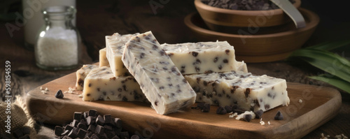 Dark chocolate chunks speckled on chewy coconut bars.. AI generation. Generative AI photo