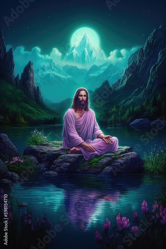 Jesus sitting in a fantasy world, Jesus in a metaverse world, Beautiful calm landscape, mountains and rivers, trees and moonlight, praying in calm environment, meditations, Jesus after resurrect