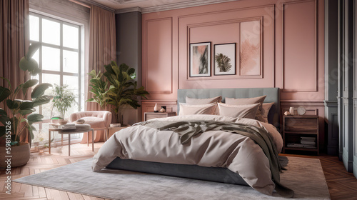 Modern bedroom interior design in pastel colors. Generative AI
