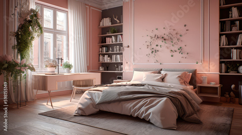 Modern bedroom interior design in pastel colors. Generative AI
