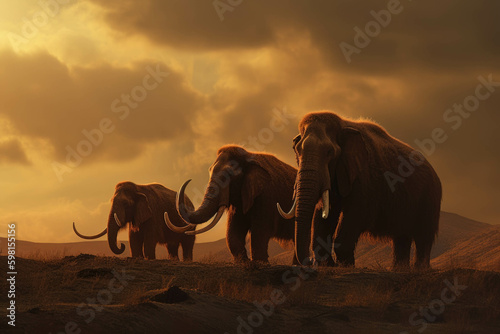 A family of Mammoths bathed in the golden light of a setting sun huddled together for protection from a brewing storm.. AI generation. Generative AI