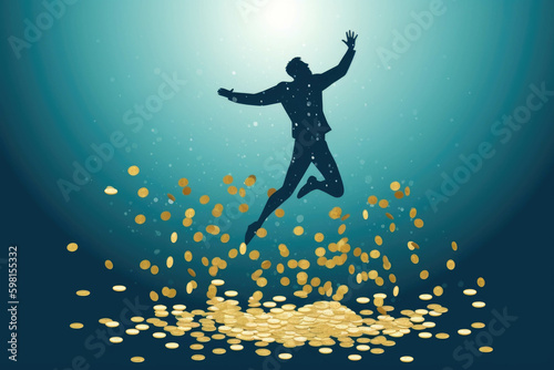 A person wearing a business suit jumping into a swimming pool full of coins – An image of the joy and freedom that comes with having. AI generation. Generative AI
