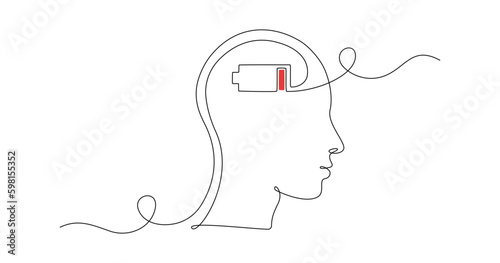 One continuous line drawing of head with low battery level. Mental health headache and burnout concept in simple linear style. Editable stroke. Doodle vector illustration Generative AI