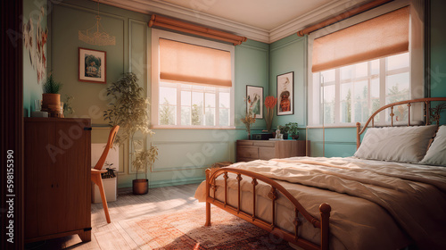 Modern bedroom interior design in pastel colors. Generative AI