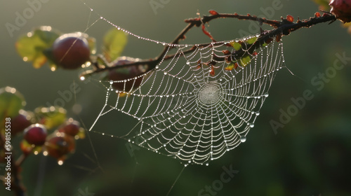 A spiderweb in the morning light with dewdrops. Generative AI. 