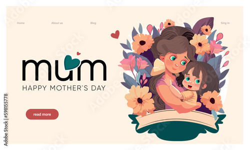 Happy mothers day illustration with woman holding a Flowers. Thank you card with blooming flowers. Use for Boarding Pass  birthday card  invitations  Birthday card Vector illustration Generative AI