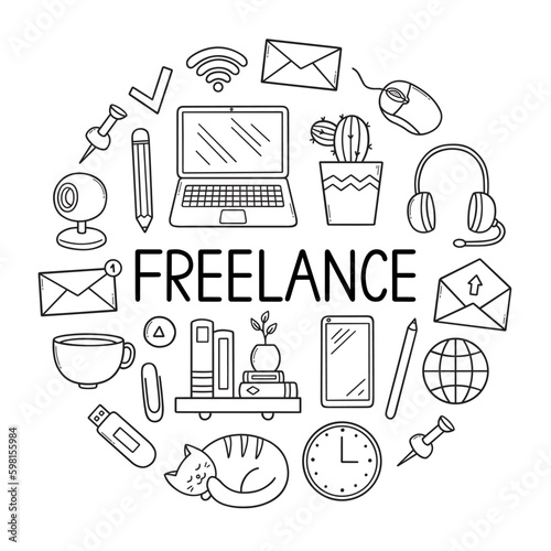 Freelance doodle set. Home office in sketch style. Work from home concept. Hand drawn vector illustration isolated on white background.