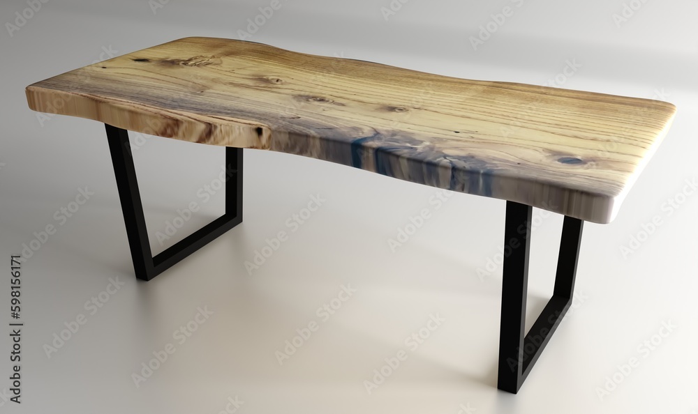 Wooden lacquered table with black metal legs on white background. Modern live edge elm slab coffee table with inner knot in bizarre pattern shape and tree table. 3d rendering. Wooden lacquered table with black metal legs on white background. Modern live edge elm slab coffee table with inner knot in bizarre pattern shape and tree table. 3d rendering.
