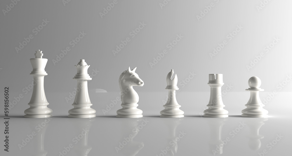 A set of red white pieces. Chess piece icons. Chess board game. 3d rendering isolated on white background. A set of red white pieces. Chess piece icons. Chess board game. 3d rendering isolated on white background.