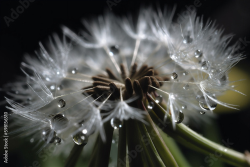 dandelion seed macro. parachutes dandelion on a dark background. AI generated content.