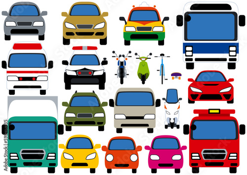 路上の乗り物の正面　シンプルなフォルムイラストセット