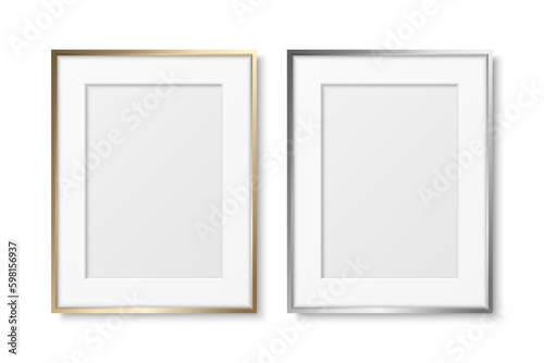 Vector 3d Realistic Gray and Yellow Metal, Silver and Golden Color Decorative Vintage Frame Set, Border Icon Closeup Isolated. A4, A5 Vertical Photo Frame Design Template for Picture, Border Design