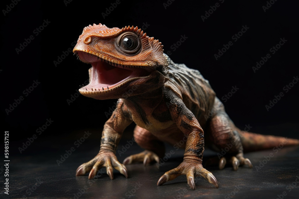 A thunderous baby Trex taking its first steps eyes blazing and teeth d.. AI generation. Generative AI