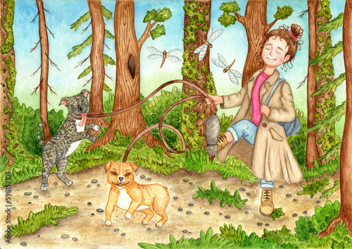 Fototapeta Naklejka Na Ścianę i Meble -  Watercolor illustration of a happy girl walking in the park with two dogs, red and black. A joyful child walks with his pets in a beautiful fairytale forest. Drawn by hand.