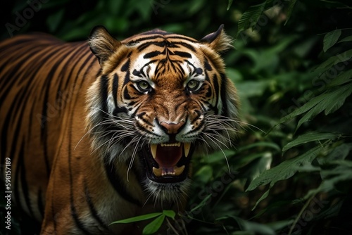 Close up portrait of a tiger in the jungle illustrated using generative Ai