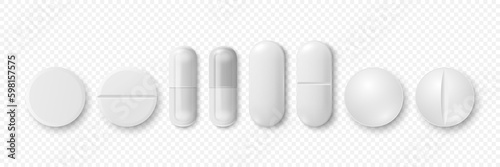 Vector 3d Realistic White Round, Oval Pharmaceutical Medical Pill, Capsule, Tablet Icon Set Closeup Isolated. Pill Collection. Front, Top View. Medicine, Health Concept